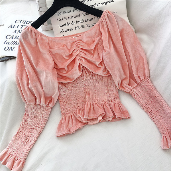 Μοντέρνα γυναικεία βελούδινι μπλούζα σε τέσσερα χρώματα με τετράγωνη λαιμόκοψη