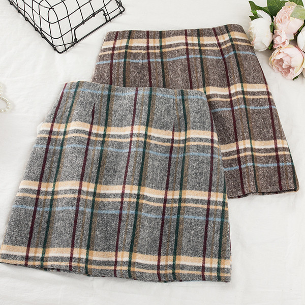 Téli kockás szoknya magas derékkal, barna és szürke színben