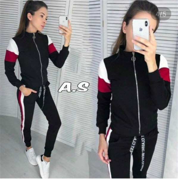 Γυναικείο αθλητικό σετ - φούτερ και παντελόνι σε γκρι, κόκκινο, μαύρο και άσπρο χρώμα
