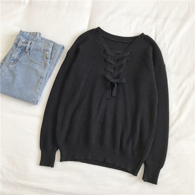 Női alkalmi pulóver négy színben, V-nyakkal és fűzővel