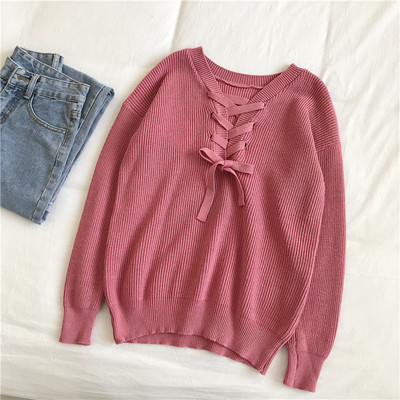 Női alkalmi pulóver négy színben, V-nyakkal és fűzővel