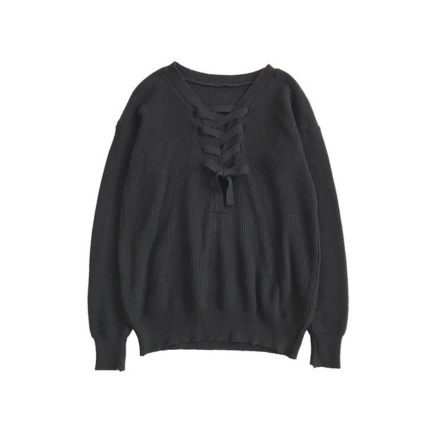 Női alkalmi pulóver négy színben, V-nyakkal és fűzővel