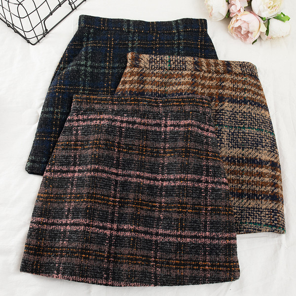 Téli kockás szoknya A-vonalú magas derékkal, barna, rózsaszín és kék színben