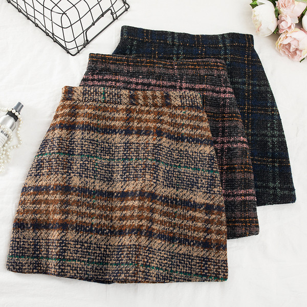 Téli kockás szoknya A-vonalú magas derékkal, barna, rózsaszín és kék színben