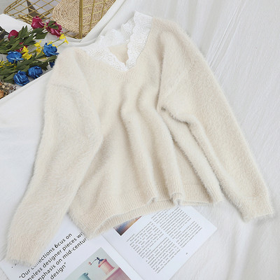 Κυρίες μαλακό πουλόβερ με λαιμόκοψη και δαντέλα σε μπλε, άσπρο, μαύρο, πράσινο, μοβ και καφέ χρώμα