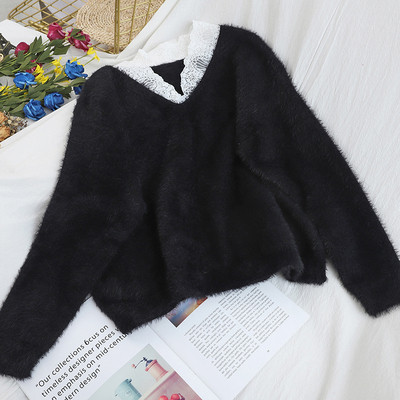 Κυρίες μαλακό πουλόβερ με λαιμόκοψη και δαντέλα σε μπλε, άσπρο, μαύρο, πράσινο, μοβ και καφέ χρώμα