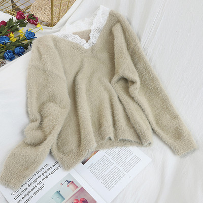 Κυρίες μαλακό πουλόβερ με λαιμόκοψη και δαντέλα σε μπλε, άσπρο, μαύρο, πράσινο, μοβ και καφέ χρώμα