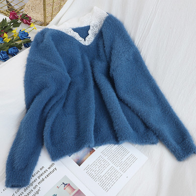 Κυρίες μαλακό πουλόβερ με λαιμόκοψη και δαντέλα σε μπλε, άσπρο, μαύρο, πράσινο, μοβ και καφέ χρώμα