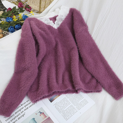 Κυρίες μαλακό πουλόβερ με λαιμόκοψη και δαντέλα σε μπλε, άσπρο, μαύρο, πράσινο, μοβ και καφέ χρώμα