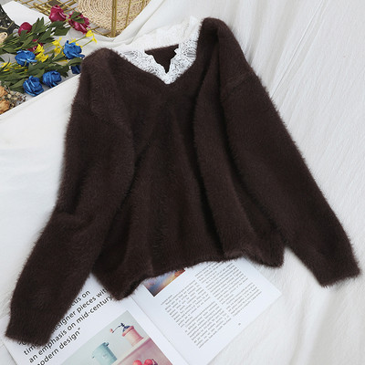 Κυρίες μαλακό πουλόβερ με λαιμόκοψη και δαντέλα σε μπλε, άσπρο, μαύρο, πράσινο, μοβ και καφέ χρώμα