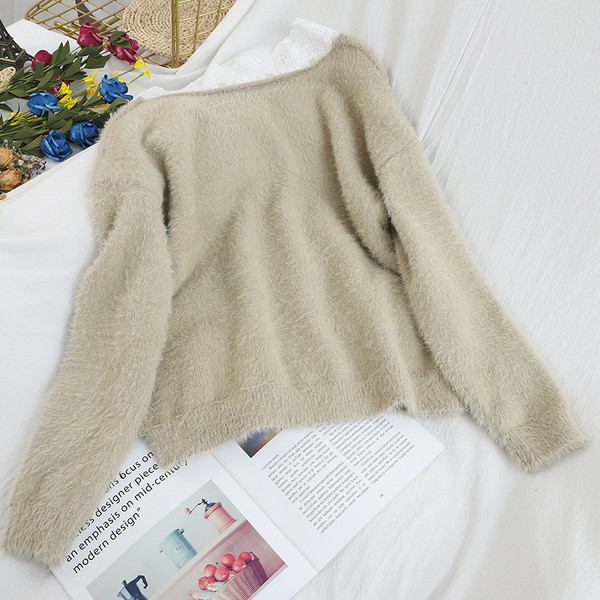 Κυρίες μαλακό πουλόβερ με λαιμόκοψη και δαντέλα σε μπλε, άσπρο, μαύρο, πράσινο, μοβ και καφέ χρώμα