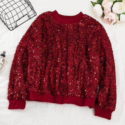 Μοντέρνα γυναικεία μπλούζα με πούλιες και O-λαιμόκοψη σε μαύρο, κόκκινο, ασημί και χρυσό χρώμα