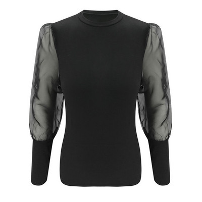 Modern női blúz ovális nyakkivágással és tüll fehér és fekete színben