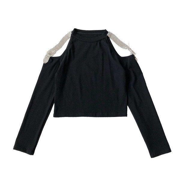 Γυναικεία κοντή μπλούζα σε μαύρο και άσπρο  χρώμα με διακόσμηση  πέτρες και γυμνούς ώμους