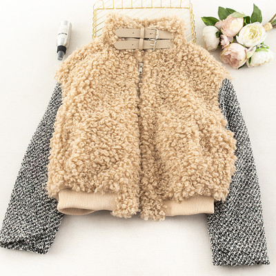 Γυναικείο χνουδοτώ μπουφάν με φερμουάρ και ψηλό γιακά με καφέ, μπεζ και μαύρο χρώμα