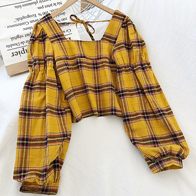 Καρό γυναικεία μπλούζα σε τέσσερα χρώματα με τετράγωνο λαιμόκοψη