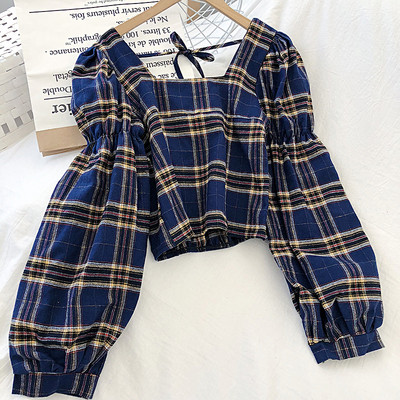 Καρό γυναικεία μπλούζα σε τέσσερα χρώματα με τετράγωνο λαιμόκοψη