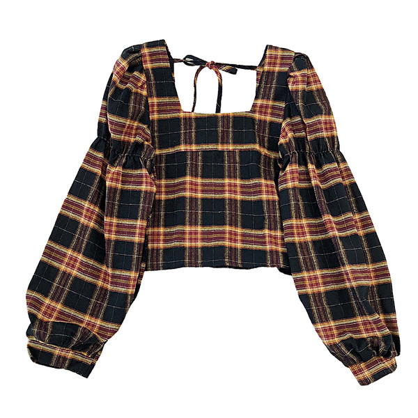 Καρό γυναικεία μπλούζα σε τέσσερα χρώματα με τετράγωνο λαιμόκοψη