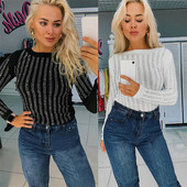 Μοντέρνο γυναικείο μπλουζάκι με μακρύ μανίκι με O-λαιμόκοψη σε μαύρο και άσπρο χρώμα