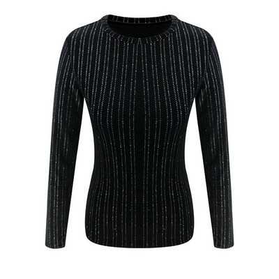 Μοντέρνο γυναικείο μπλουζάκι με μακρύ μανίκι με O-λαιμόκοψη σε μαύρο και άσπρο χρώμα