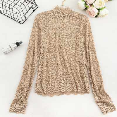 Női csipkeblúz polo gallérral és hosszú ujjú bézs, fehér, fekete és barna színben