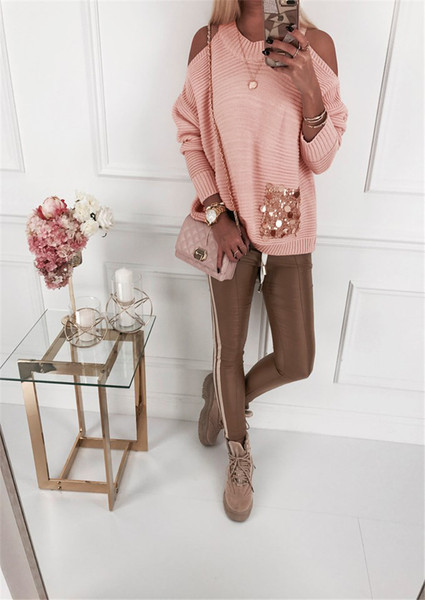 Modern női pulóver csupasz vállakat és flittereket rózsaszín, fehér és barna színben