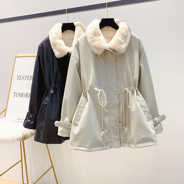 ÚJ Modell női téli steppelt bőr kabát elasztikus derékkal, bézs és fekete színben