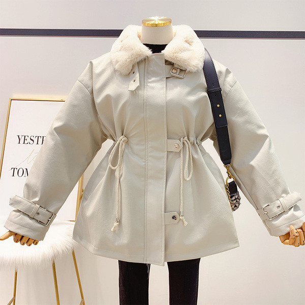 ÚJ Modell női téli steppelt bőr kabát elasztikus derékkal, bézs és fekete színben