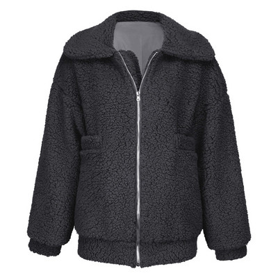 Χνουδωτό γυναικείο παλτό με υψηλό κολάρο και φερμουάρ σε καφέ, μαύρο, κόκκινο και πορτοκαλί χρώμα