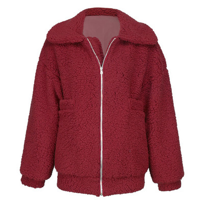 Χνουδωτό γυναικείο παλτό με υψηλό κολάρο και φερμουάρ σε καφέ, μαύρο, κόκκινο και πορτοκαλί χρώμα