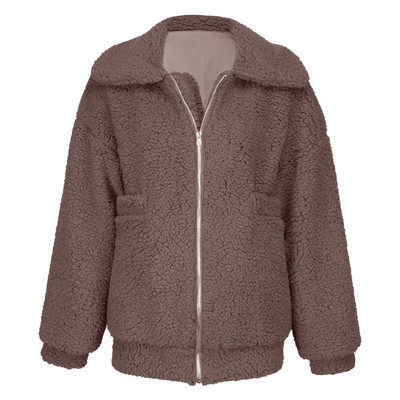 Χνουδωτό γυναικείο παλτό με υψηλό κολάρο και φερμουάρ σε καφέ, μαύρο, κόκκινο και πορτοκαλί χρώμα