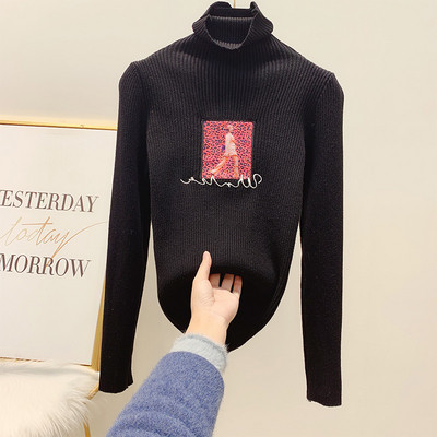 Γυναικείο πουλόβερ με ψηλό κολάρο, εκτύπωση και κεντήματα σε ροζ, μπλε, μπεζ και μαύρο χρώμα