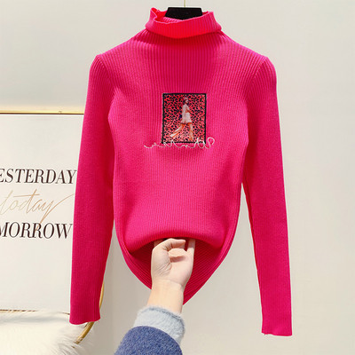 Γυναικείο πουλόβερ με ψηλό κολάρο, εκτύπωση και κεντήματα σε ροζ, μπλε, μπεζ και μαύρο χρώμα