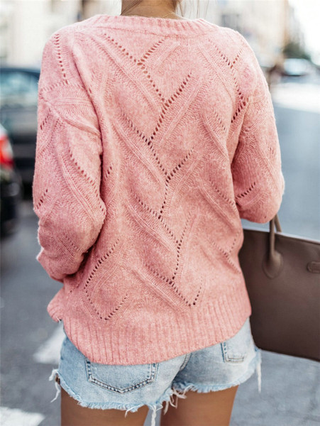 Casual Γυναικείο Πουλόβερ Οβάλ Λαιμόκοψη με Μακρύ Μανίκι Ροζ και Μπεζ χρώμα