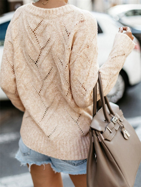 Casual Γυναικείο Πουλόβερ Οβάλ Λαιμόκοψη με Μακρύ Μανίκι Ροζ και Μπεζ χρώμα