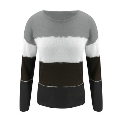 Μοντέρνο γυναικείο πουλόβερ μοντέλο με οβάλ ντεκολτέ στο καφέ, λευκό και κίτρινο χρώμα