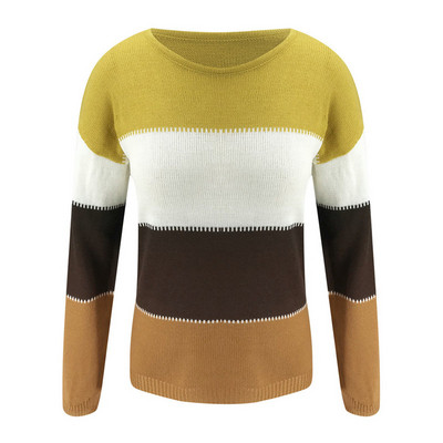 Μοντέρνο γυναικείο πουλόβερ μοντέλο με οβάλ ντεκολτέ στο καφέ, λευκό και κίτρινο χρώμα