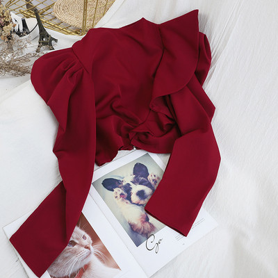 Új modell női rövid blúz ovális nyakkivágással és hosszú ujjú fehér, rózsaszín, piros és fekete színben