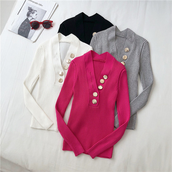 Női alkalmi blúz négy színben, gombokkal és V-nyakkal