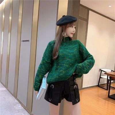 Γυναικείο πουλόβερ χειμωνιάτικο  με φαρδιά μανίκια σε μπεζ, πράσινο και καφέ χρώμα