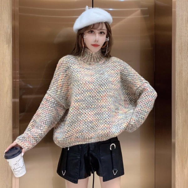 Γυναικείο πουλόβερ χειμωνιάτικο  με φαρδιά μανίκια σε μπεζ, πράσινο και καφέ χρώμα