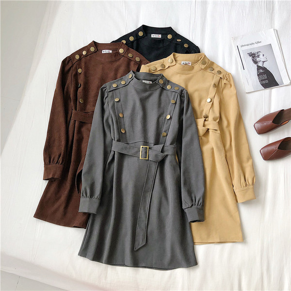 Μοντέρνο γυναικείο φόρεμα τεσσάρων χρωμάτων με μακριά μανίκια και κουμπιά