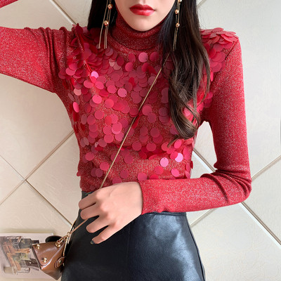 Γυναικείο φούτερ με πούλιες και ψηλό γιακά σε καφέ, κόκκινο, μπεζ, γκρι και μαύρο χρώμα