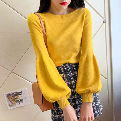 Női pulóver kerek nyakkivágással és széles ujjú zöld, sárga, rózsaszín, fekete, kék és fehér színben