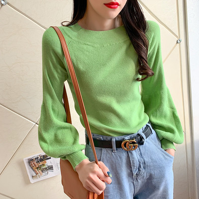 Női pulóver kerek nyakkivágással és széles ujjú zöld, sárga, rózsaszín, fekete, kék és fehér színben