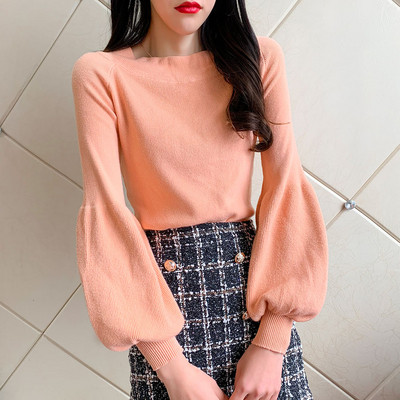 Női pulóver kerek nyakkivágással és széles ujjú zöld, sárga, rózsaszín, fekete, kék és fehér színben