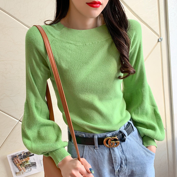 Női pulóver kerek nyakkivágással és széles ujjú zöld, sárga, rózsaszín, fekete, kék és fehér színben