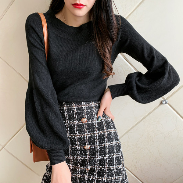 Női pulóver kerek nyakkivágással és széles ujjú zöld, sárga, rózsaszín, fekete, kék és fehér színben