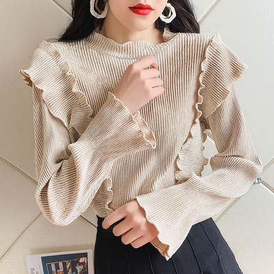 Μοντέρνα γυναικεία μπλούζα με βελούδο  με ημι-ψηλό γιακά