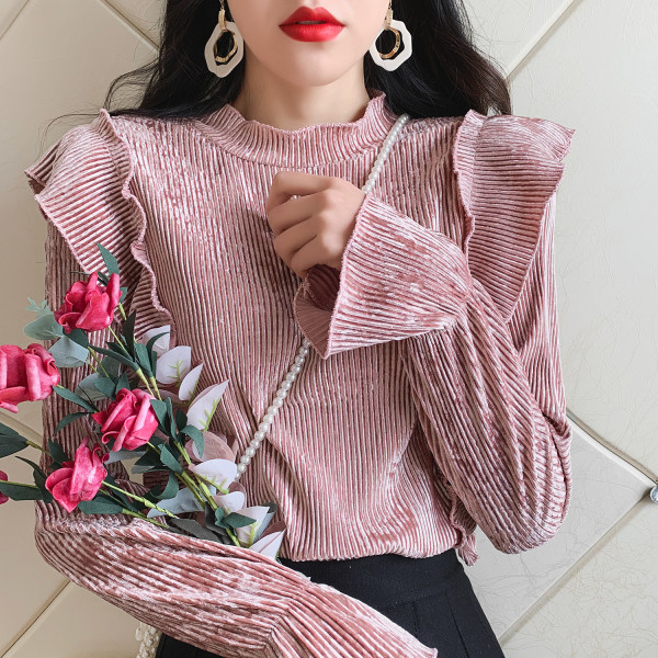 Μοντέρνα γυναικεία μπλούζα με βελούδο  με ημι-ψηλό γιακά